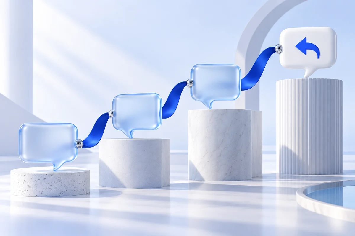 Connected conversation bubbles rise across sculptural white platforms