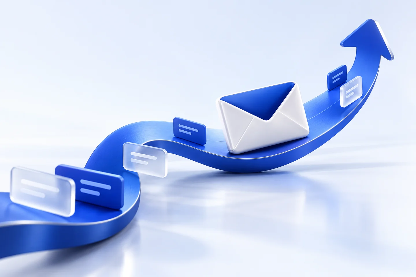 A cobalt runway carrying an envelope and conversation tiles upward