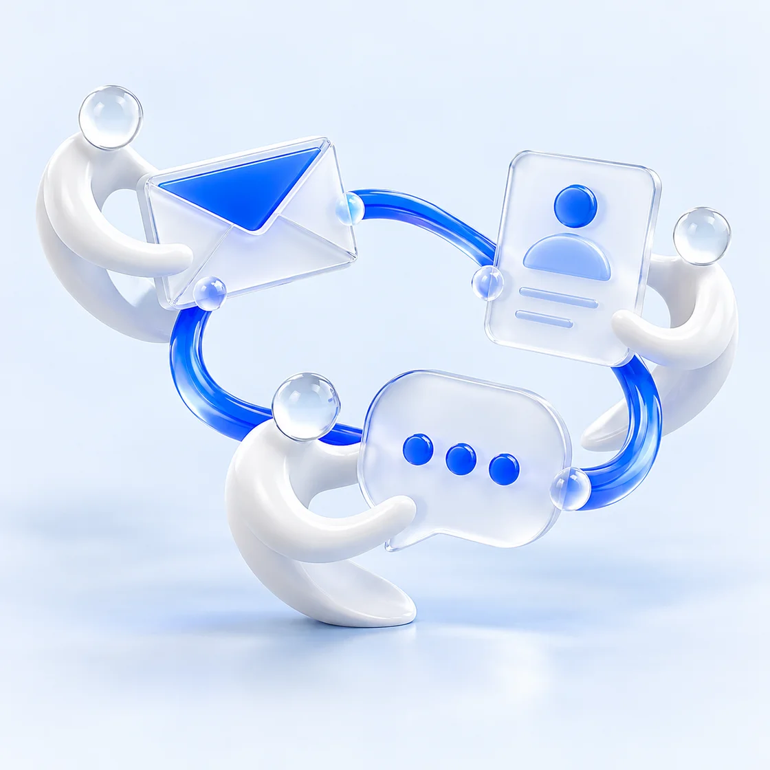 Abstract ceramic helpers connecting a contact card, envelope, and conversation bubble