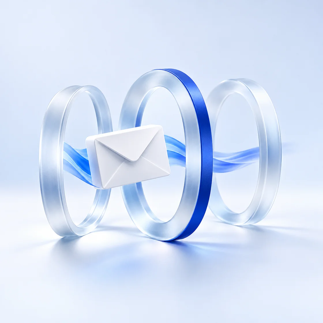 A white envelope passing through three concentric frosted glass authentication gates