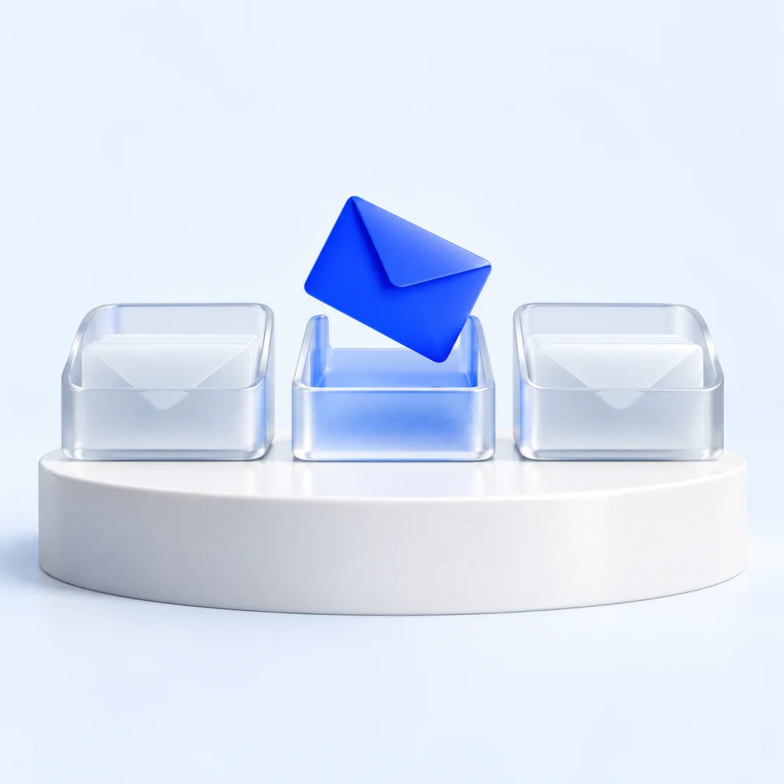 A cobalt envelope arriving in the center of three frosted glass mail slots