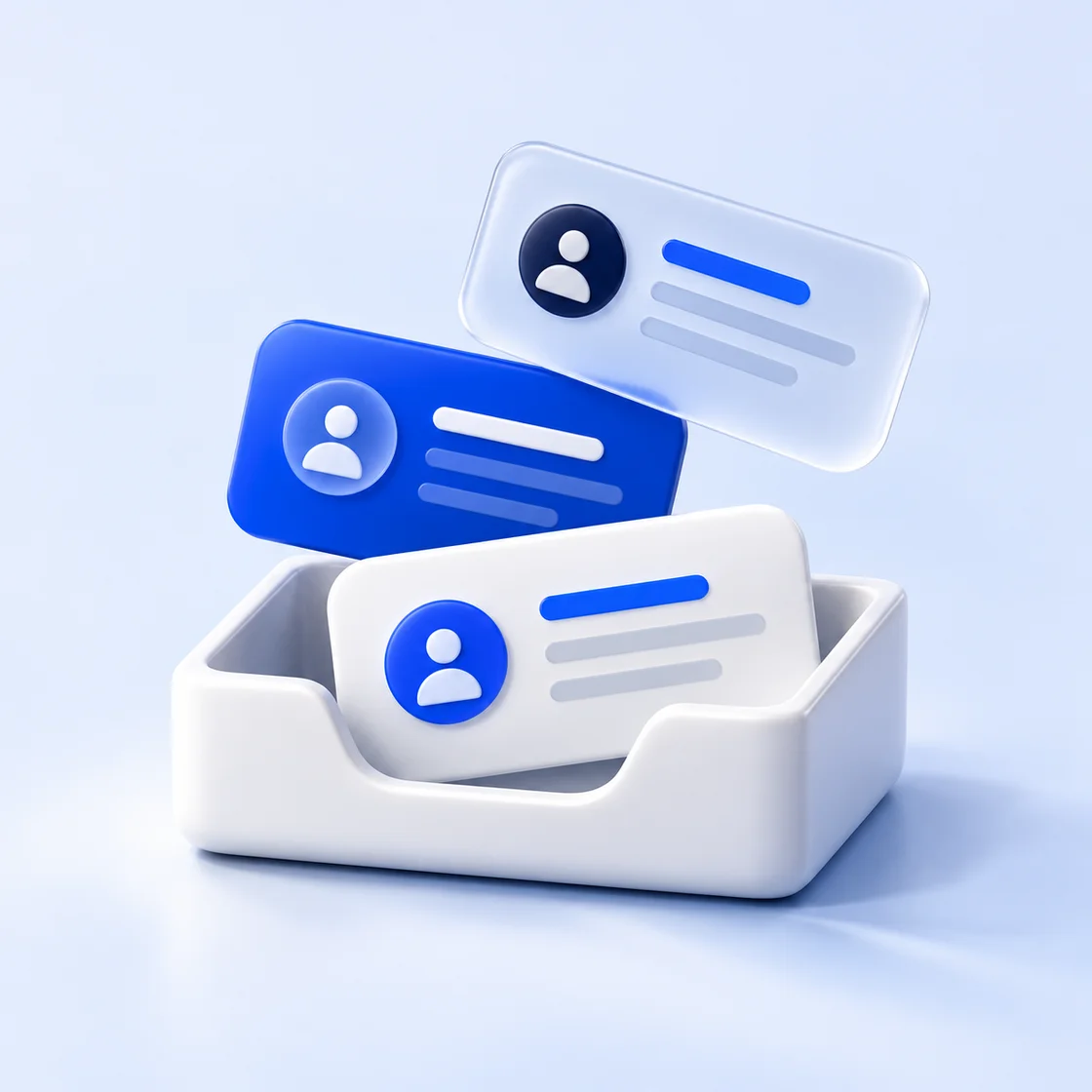 Several cobalt and white conversation tiles organized into one open ceramic inbox tray